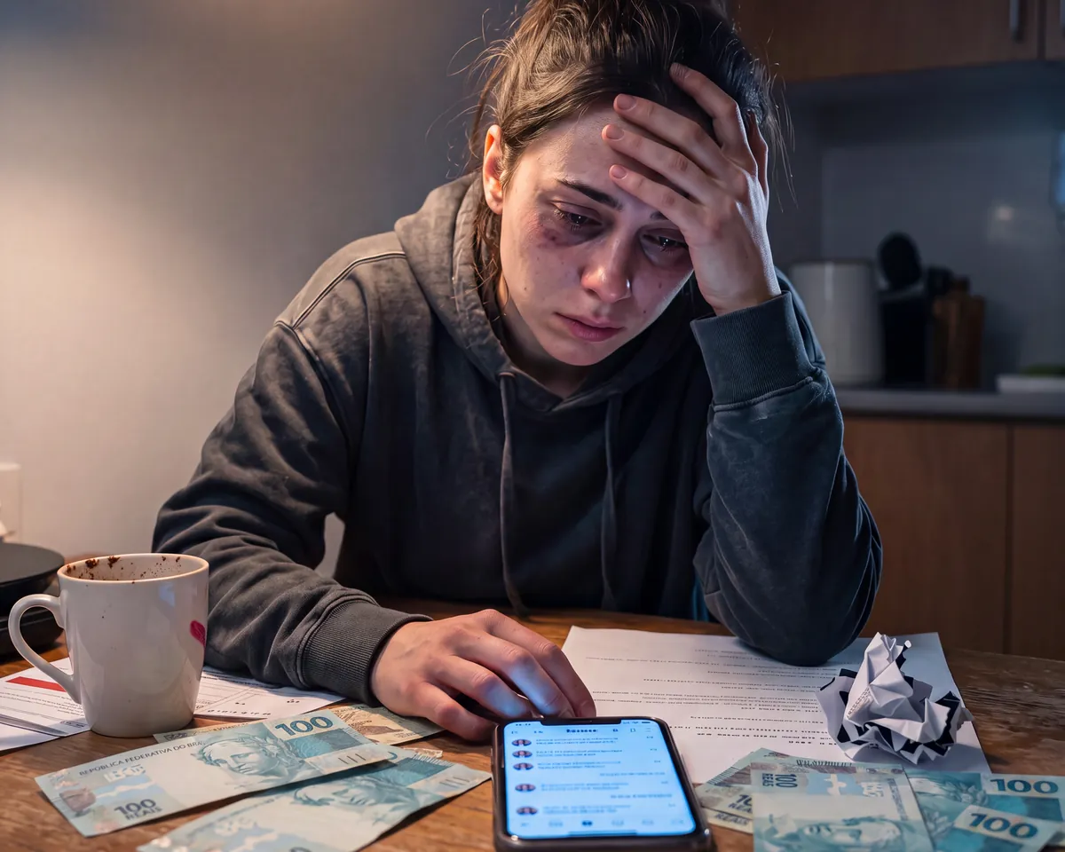Pessoa exausta de madrugada na mesa da cozinha, com a mão na testa, olhando o celular entre contas e notas de dinheiro