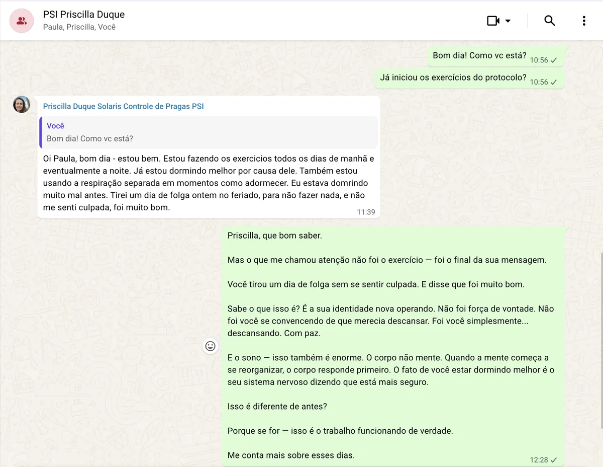 Print do relato: Já estou dormindo melhor. Tirei um dia de folga e não me senti culpada.