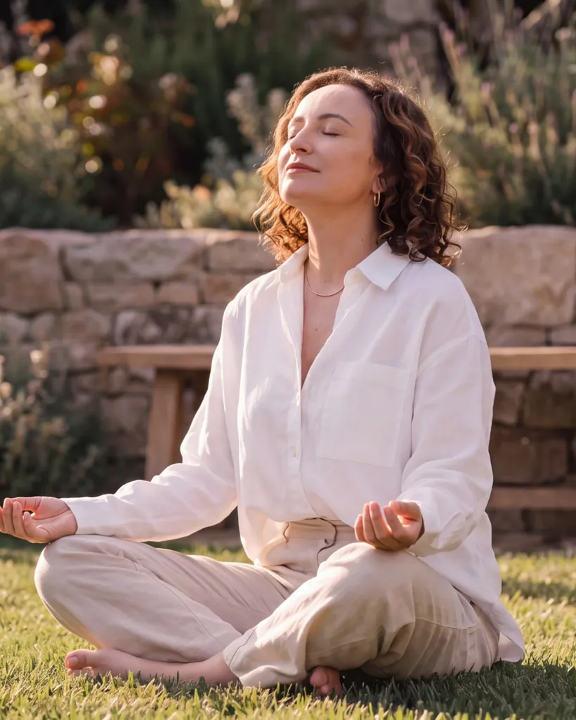Paula Jardim meditando no jardim, de olhos fechados