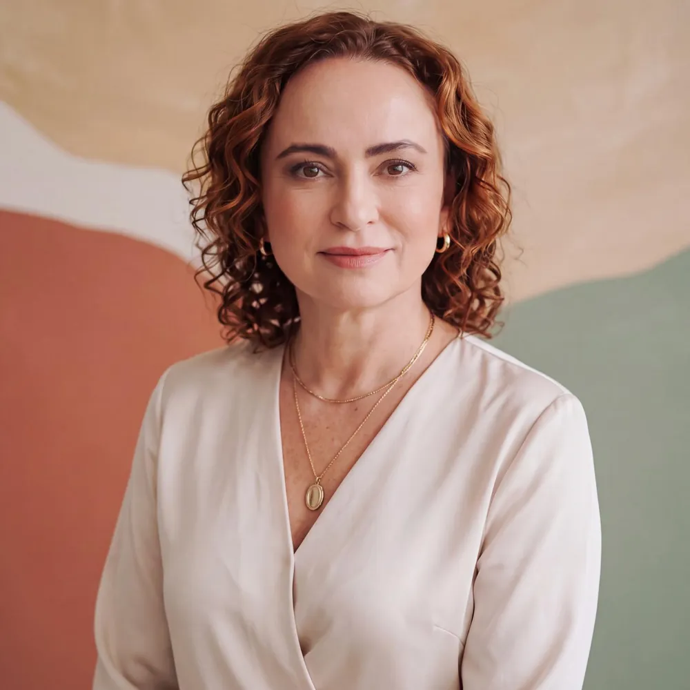 Retrato de Paula Jardim, sorrindo levemente