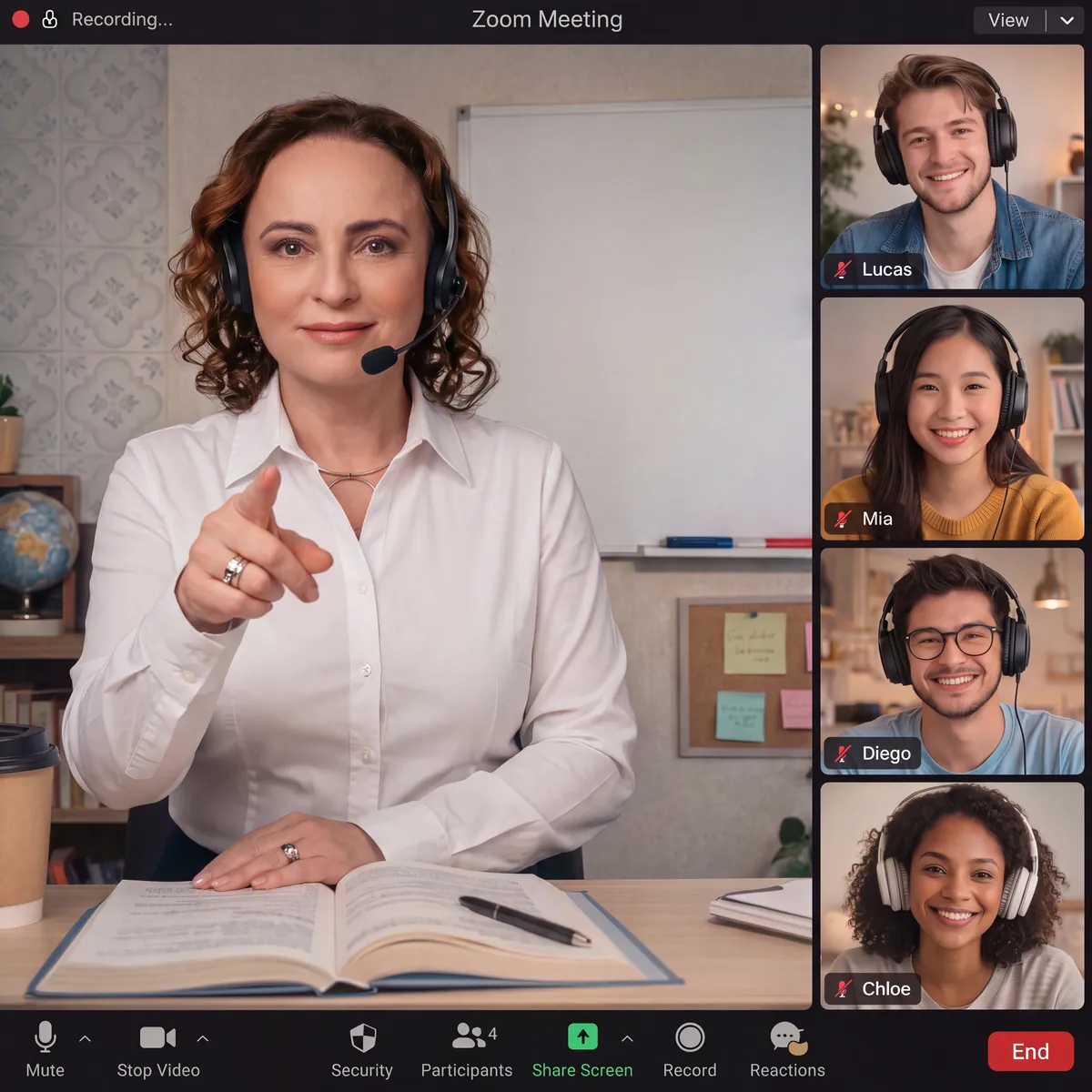 Sala ao vivo do workshop: Paula de headset conduzindo, com participantes de fone de ouvido ao lado